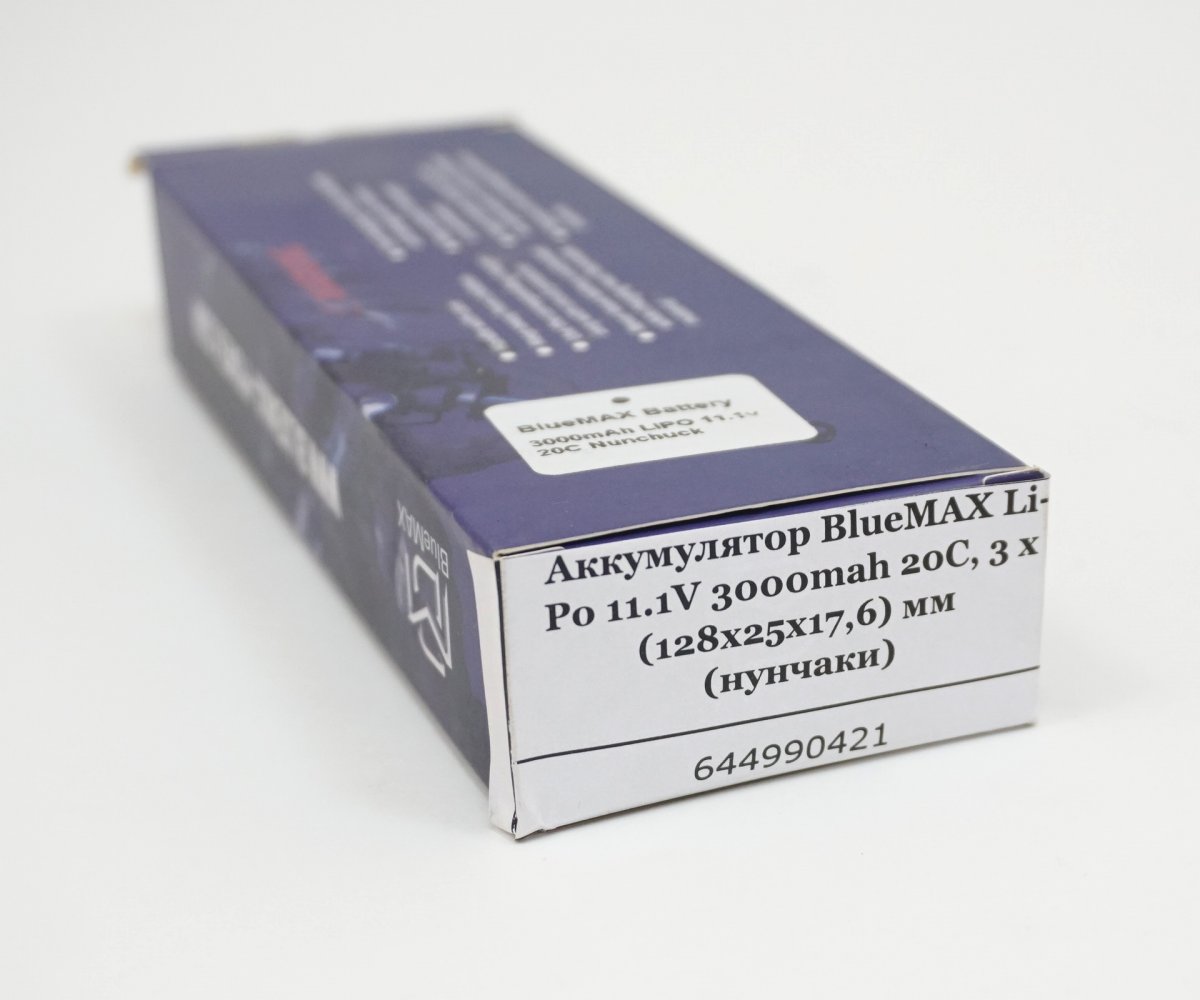 BlueMax 11.1V Lipo 3000mAh 20C трехлепестковый 17.6*25*128 Аккумулятор BlueMAX Li-Po 11.1V 3000mah 20C, 3 x (128x25x17,6) мм (триплет)