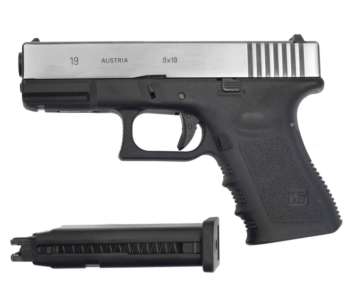 Страйкбольный пистолет WE Glock 19 Gen 3 (WE-G003A-SV, серебро, 6 мм)