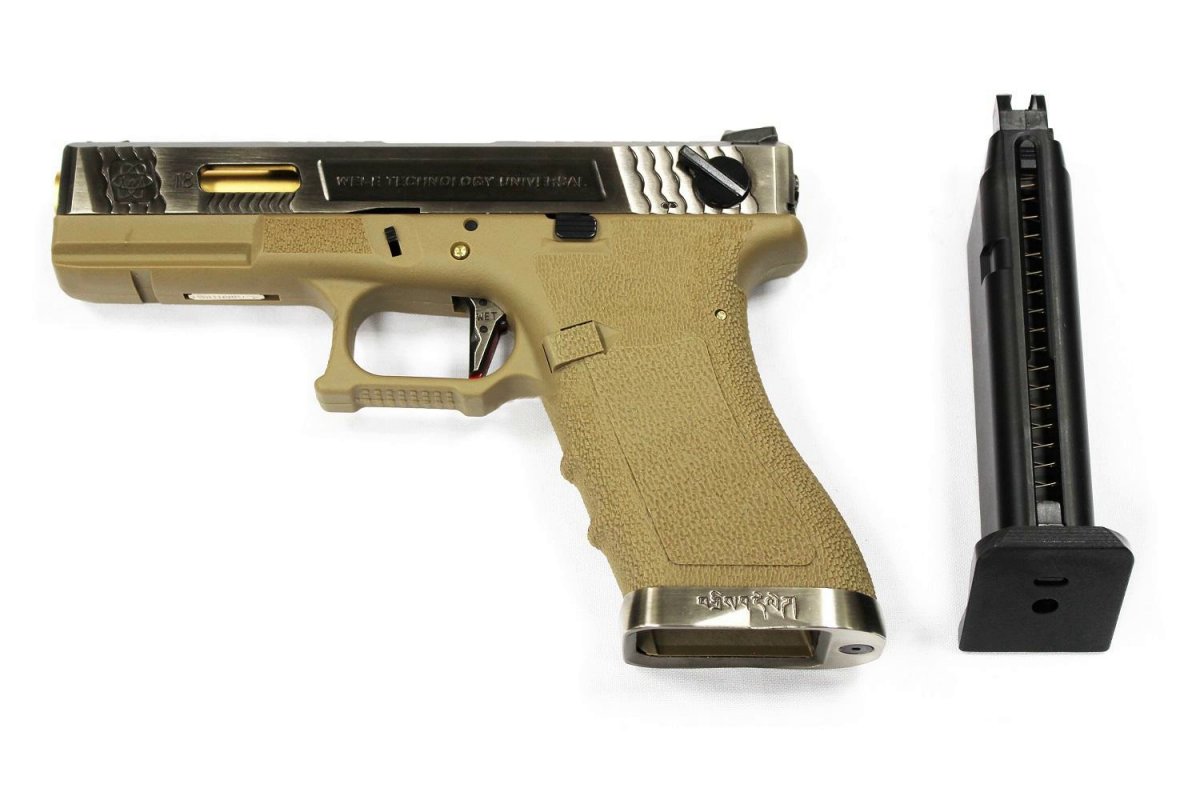 Страйкбольный пистолет WE-G001WET-6 Glock-17 G-Force (слайд металл хром, рамка Tan, ствол золотистый)