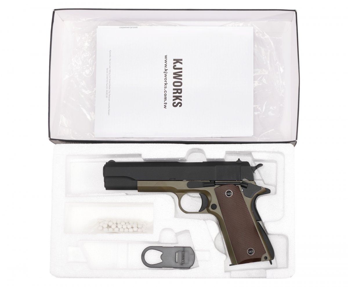 Страйкбольный пистолет KJW Colt M1911A1 (6 мм, Gas, GBB, олива)