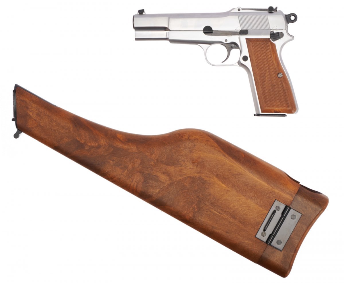 Страйкбольный пистолет WE Browning Hi Power (6 мм, Gas, хром, кобура-приклад, WE-B006)