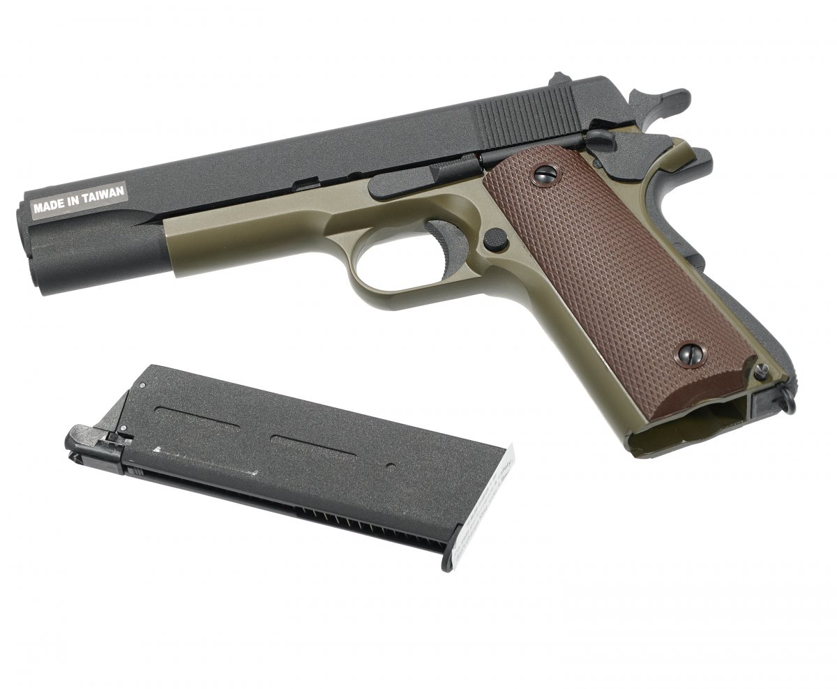 Страйкбольный пистолет KJW Colt M1911A1 (6 мм, Gas, GBB, олива)