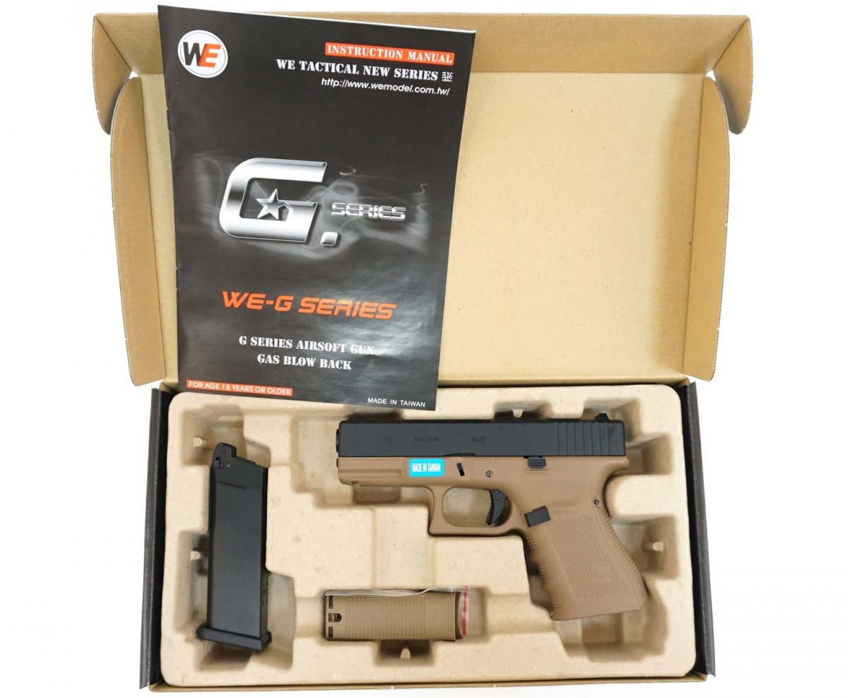 Страйкбольный пистолет WE Glock-19 Gen.4 Tan, сменные накладки (WE-G003B-TAN)