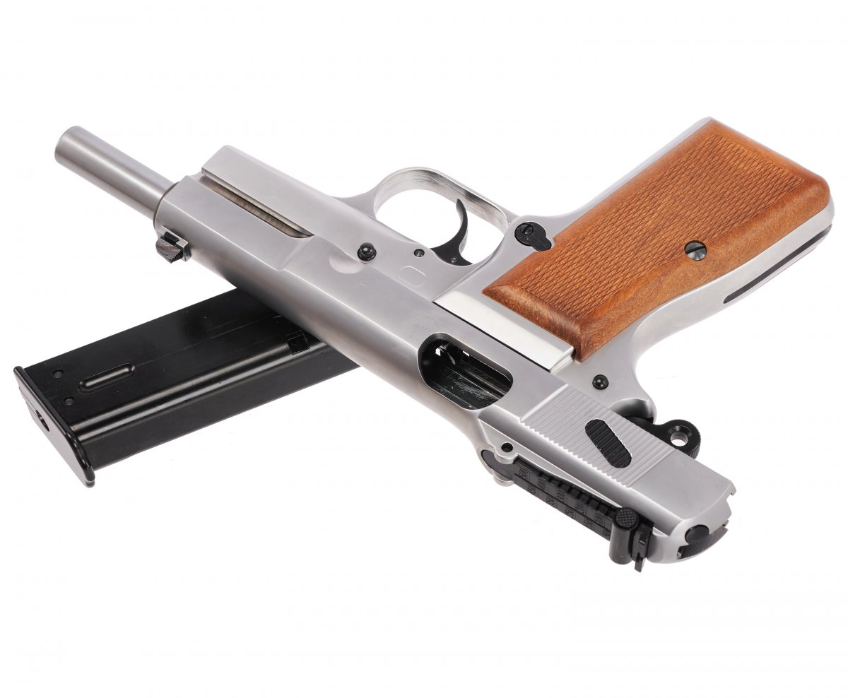 Страйкбольный пистолет WE Browning Hi Power (6 мм, Gas, хром, кобура-приклад, WE-B006)
