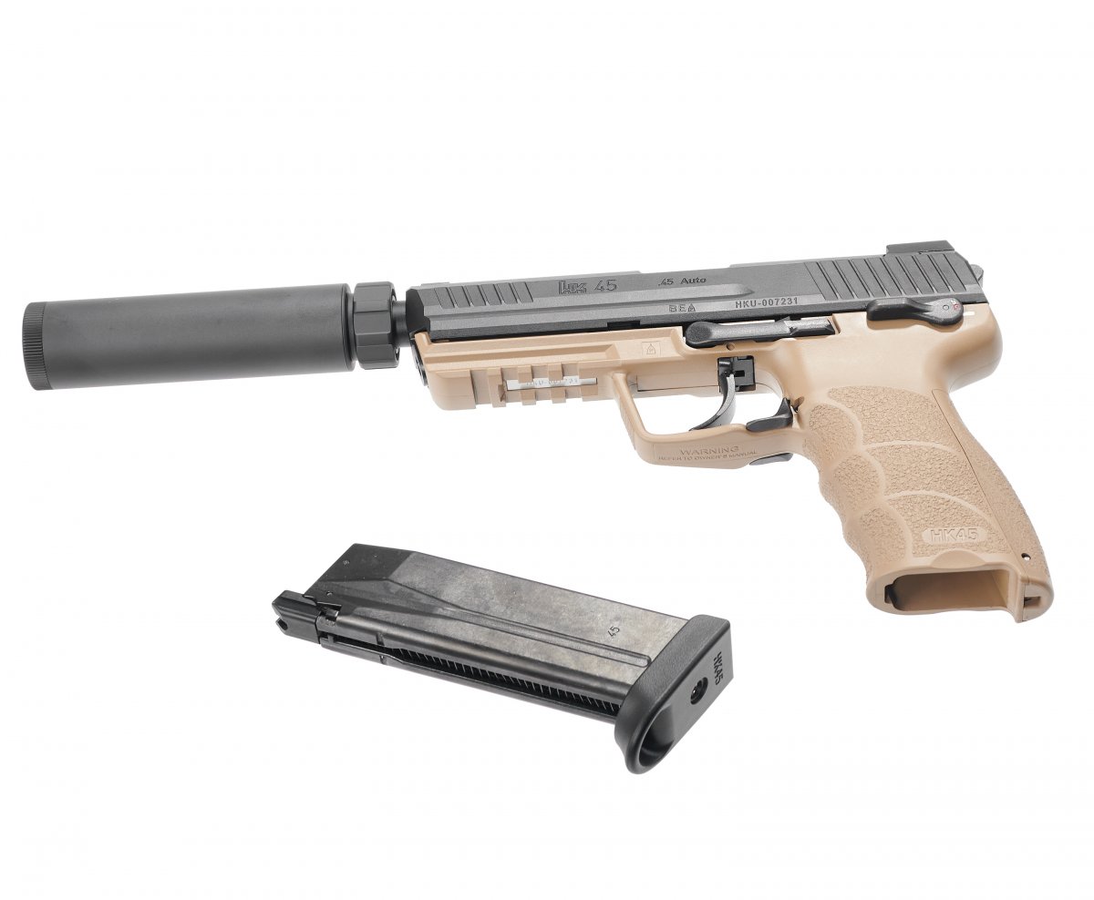 Страйкбольный пистолет GBB Tokyo Marui HK45 Tactical (142764) Blowback, чёрный/песочный, с пластиковым модератором