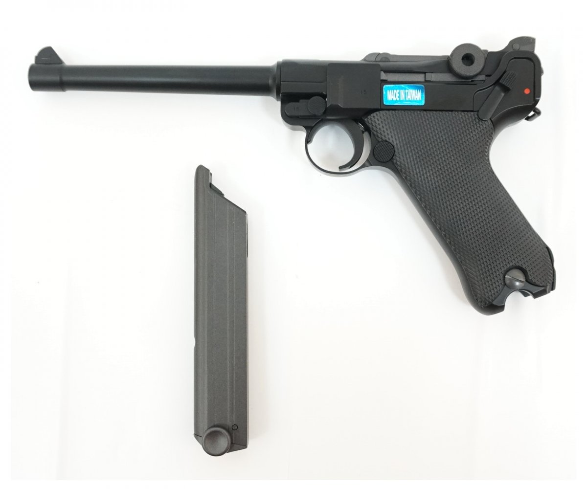 Страйкбольный пистолет WE Luger P08 6” Black (WE-P002)