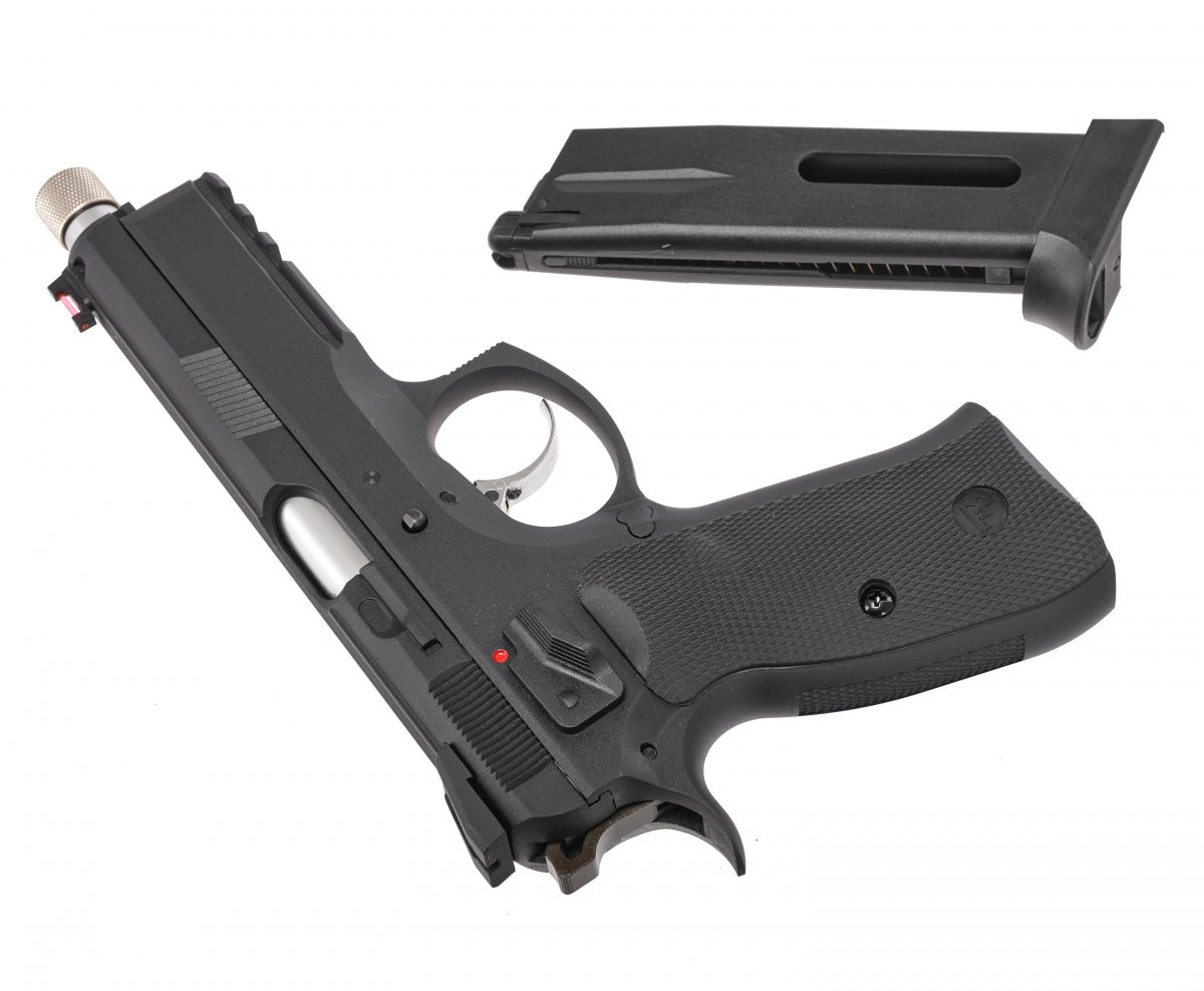 Страйкбольный пистолет GBB KJW CZ75 SP-01 SHADOW TBC (SP-01.GAS TBC) с удлинённым резьбовым стволом M14, Blowback, чёрный