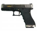 Страйкбольный пистолет WE Glock-17 G-Force, черная рамка, серебр. затвор, золот. ствол