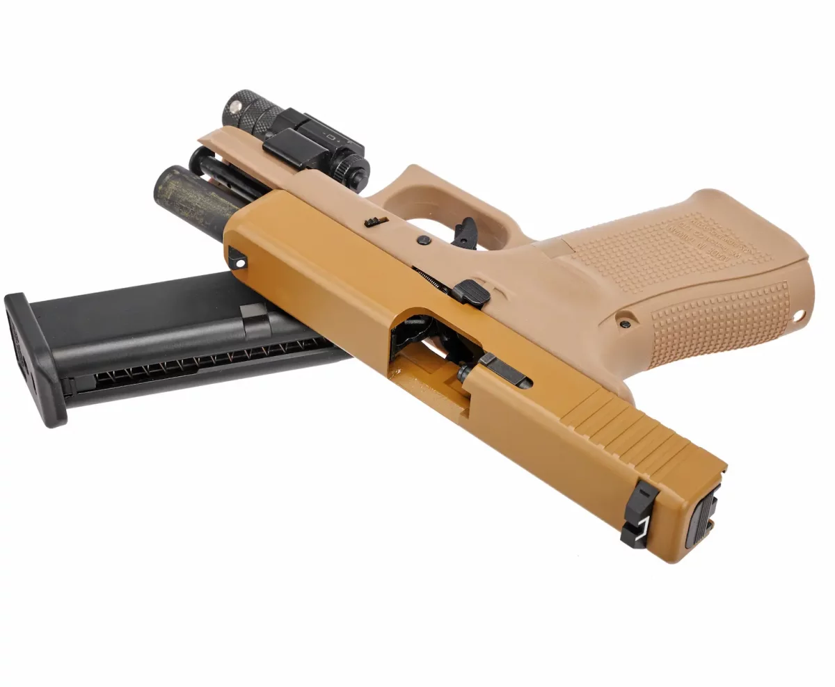 Страйкбольный пистолет WE Glock 19 Gen5 (WE-G003VB-TAN) — металл слайд, Tan, GBB, 6 мм