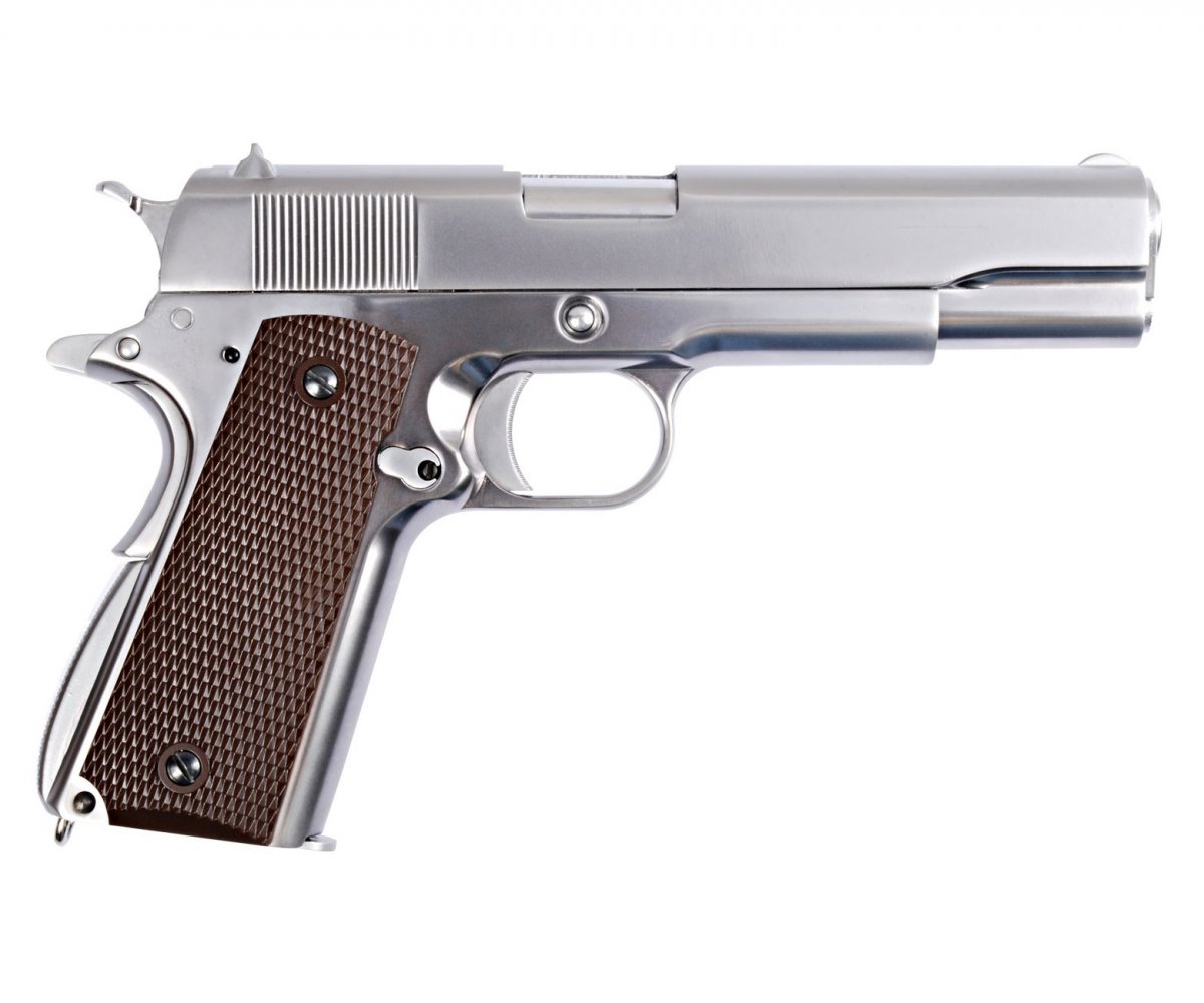 Страйкбольный пистолет WE Colt M1911A1 Silver, коричневые накладки (WE-E006A)