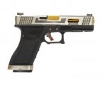 Страйкбольный пистолет WE Glock-18 G-Force, черная рамка, серебр. затвор, золот. ствол