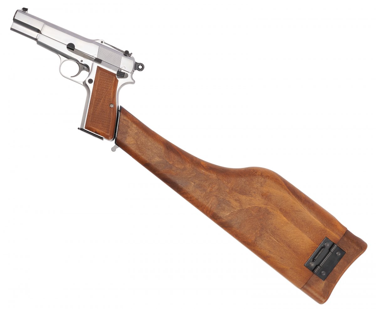 Страйкбольный пистолет WE Browning Hi Power (6 мм, Gas, хром, кобура-приклад, WE-B006)