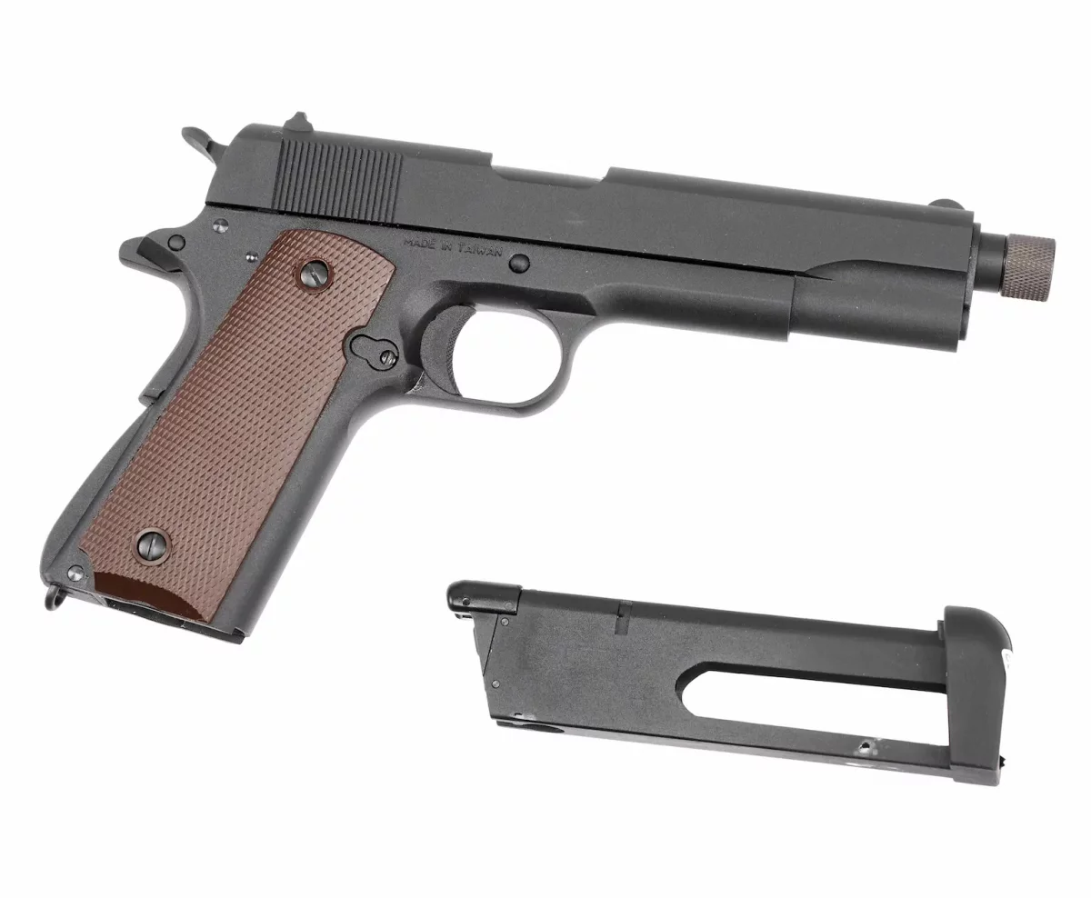 Страйкбольный пистолет KJW Colt 1911 CO₂ — чёрный, GBB, резьбовой ствол, 6 мм