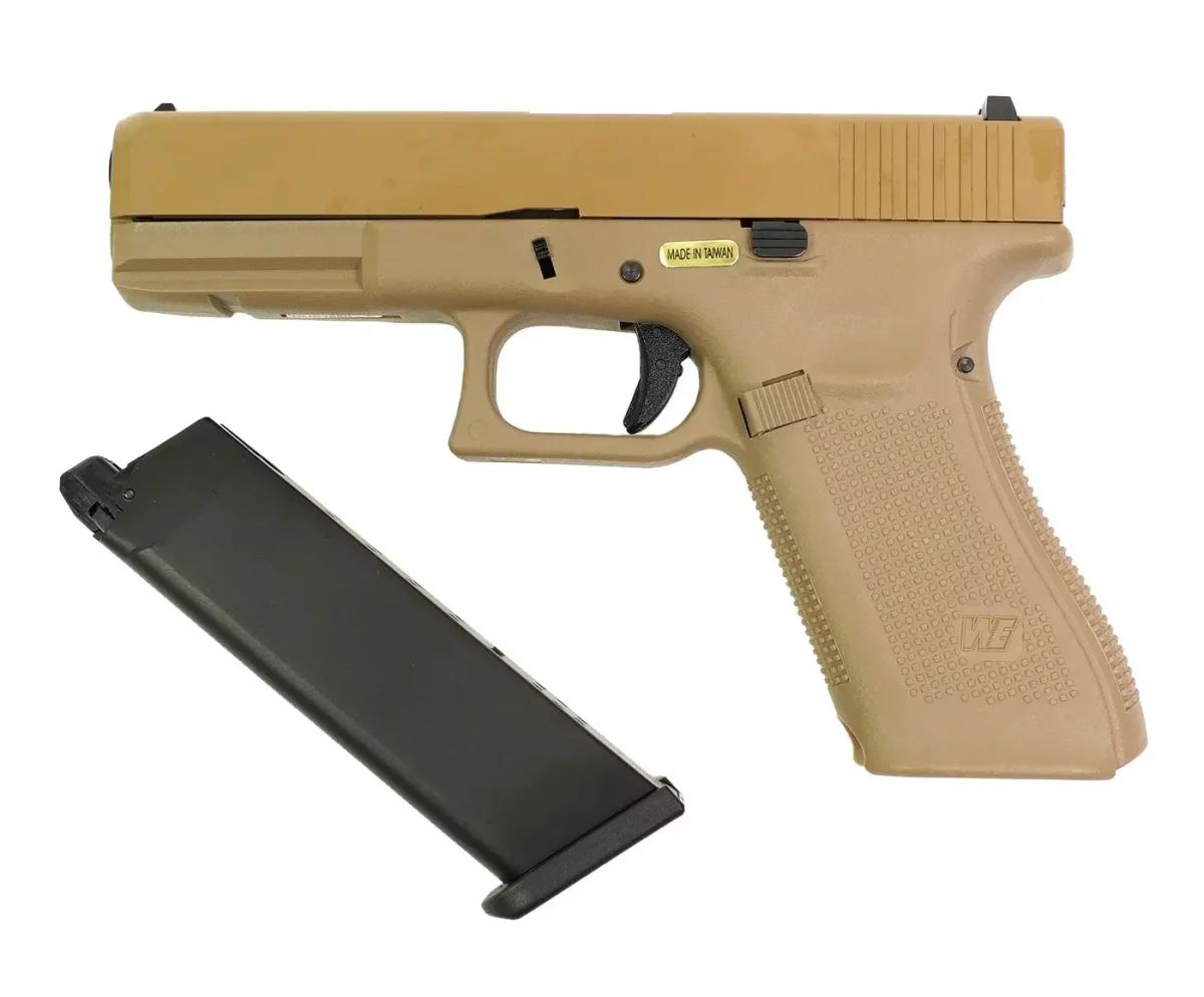 Страйкбольный пистолет WE Glock 17 Gen5 (WE-G001VB-TAN) — металл-слайд, сменные накладки, Tan, GBB, 6 мм