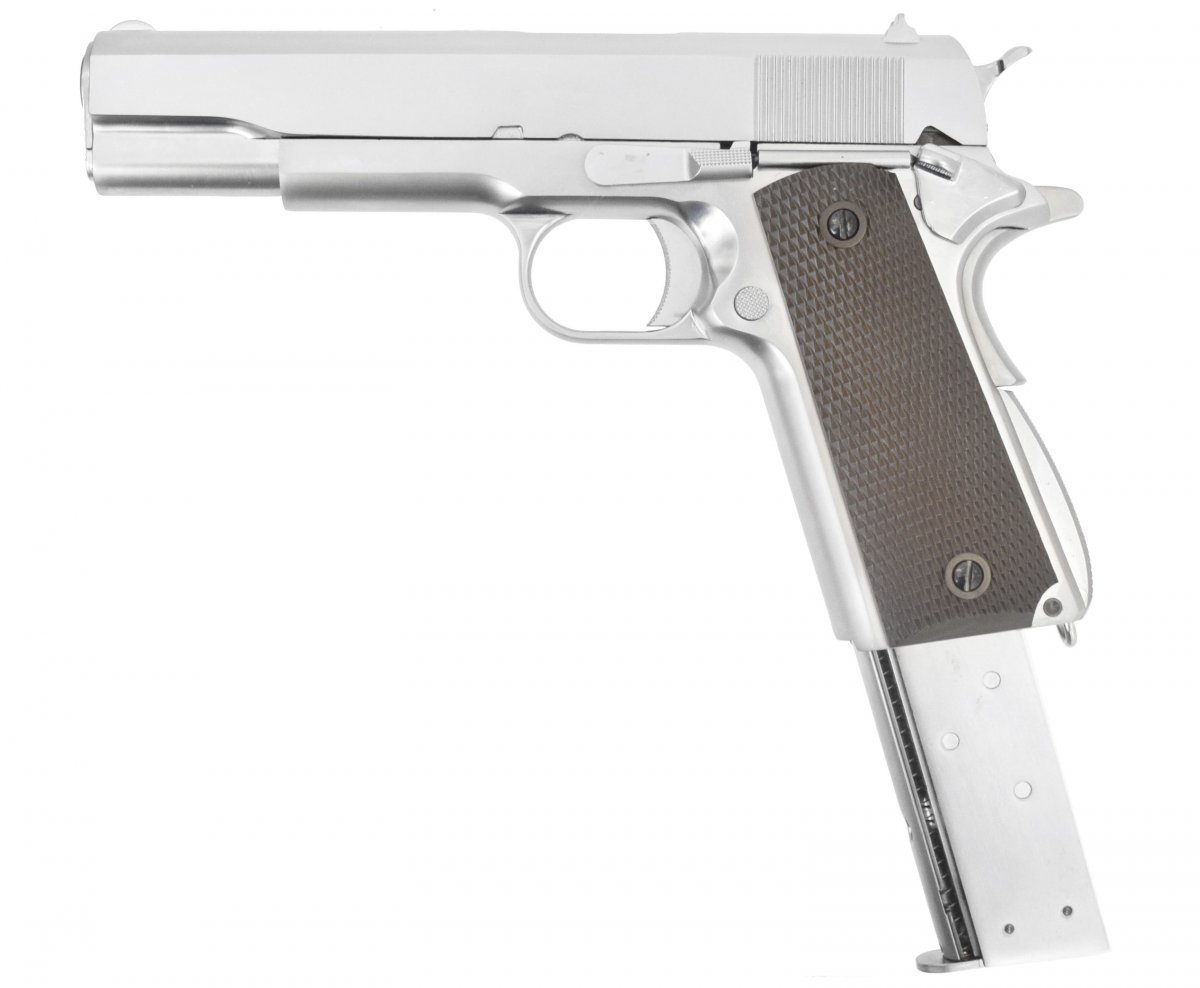 Страйкбольный пистолет WE Colt M1911A1 Silver, коричневые накладки (WE-E006A)
