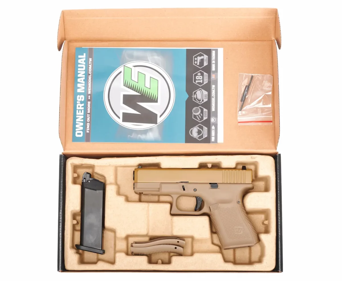 Страйкбольный пистолет WE Glock 19 Gen5 (WE-G003VB-TAN) — металл слайд, Tan, GBB, 6 мм